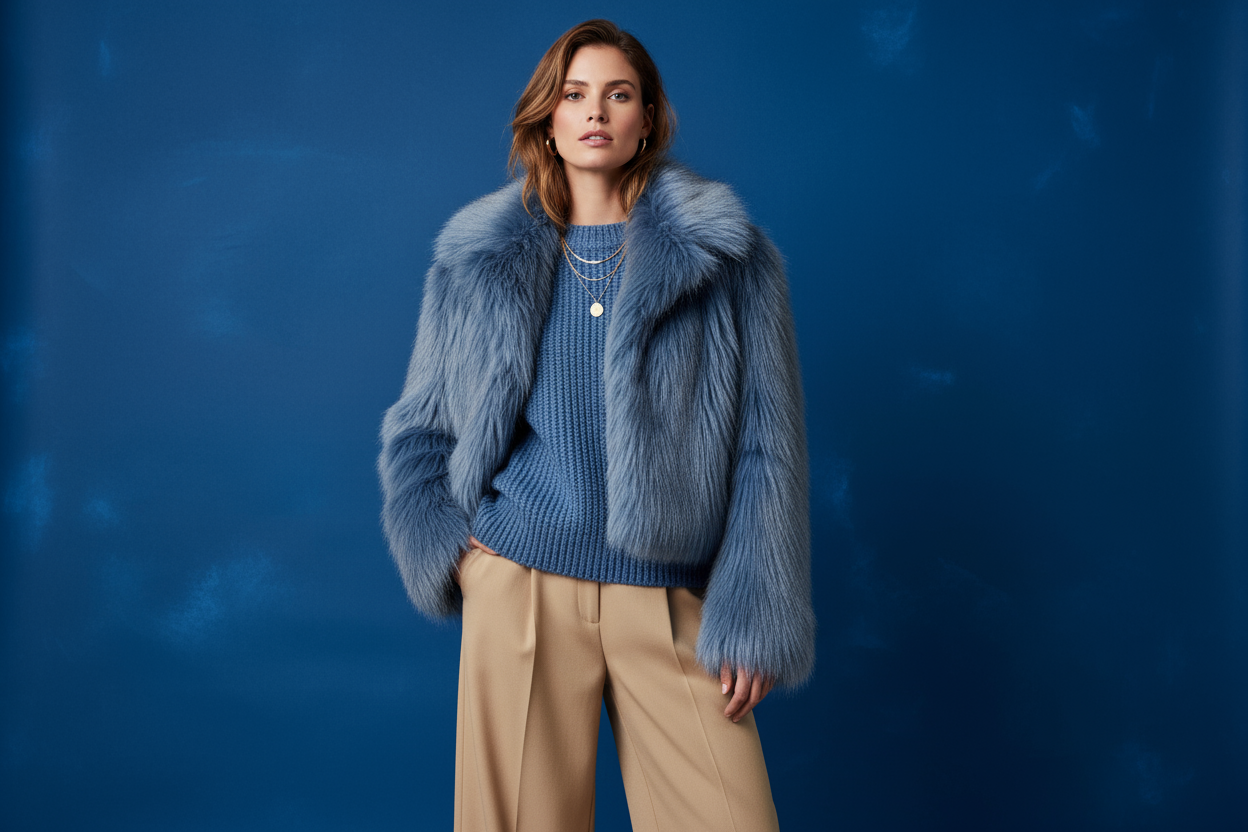 I want nice lady wearing a pull over with a furry jacket color blue, I want the back ground to match the clue color of the logo, and make the trouser color look nice with the clothes